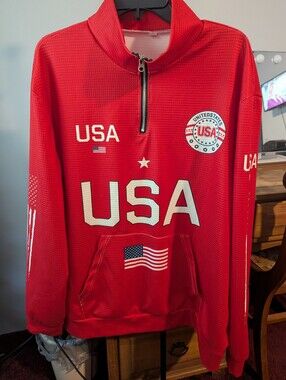 Red USA Zip-Front Pullover with Flag Graphics